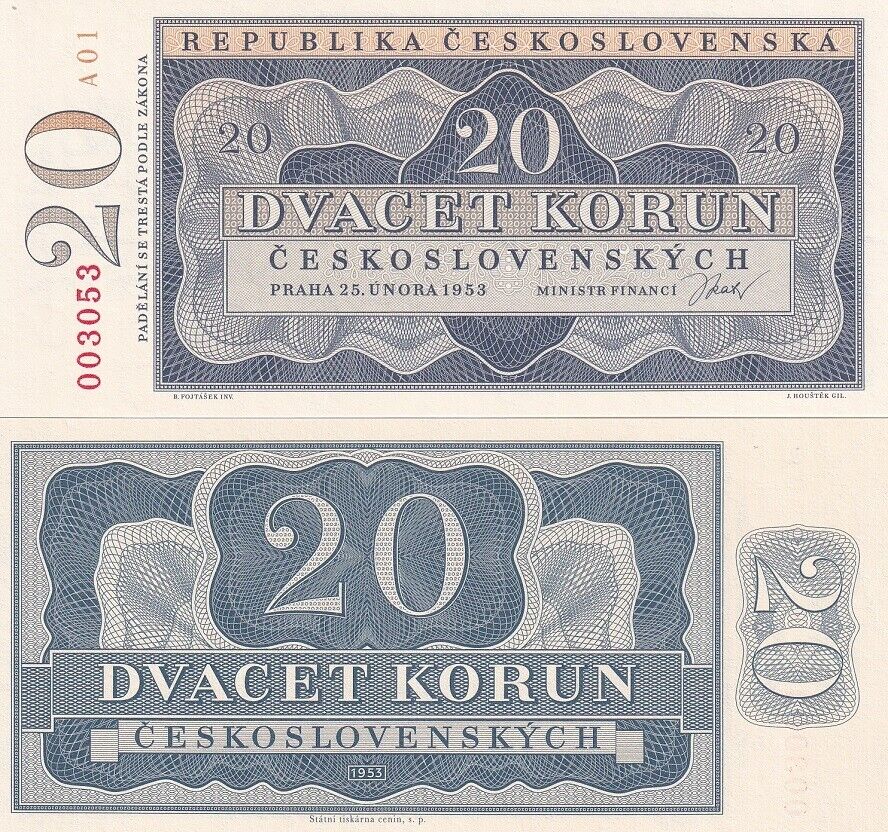 Czechoslovakia 20 Korun 1953 Official Reprint CNB P 72A UNC With Folder