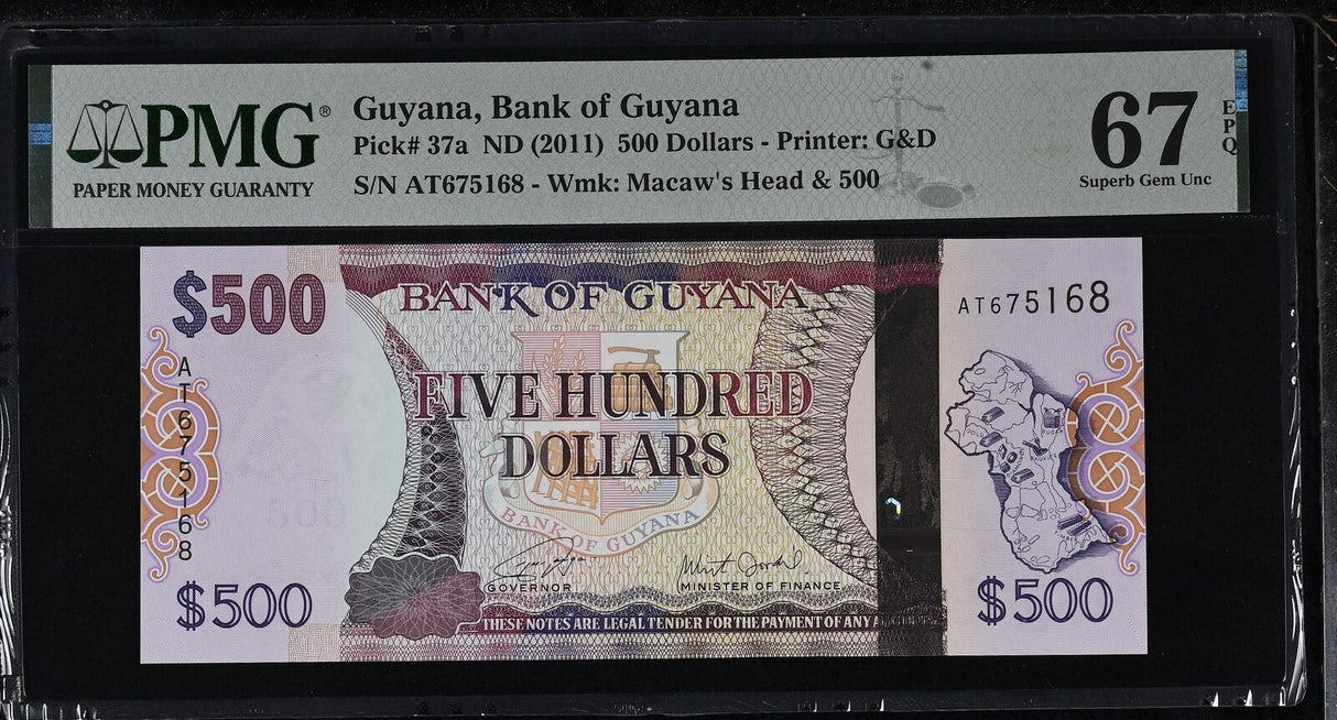 Guyana 500 Dollars ND 2011 P 37 Ministry of Finance Superb Gem UNC PMG 67 EPQ