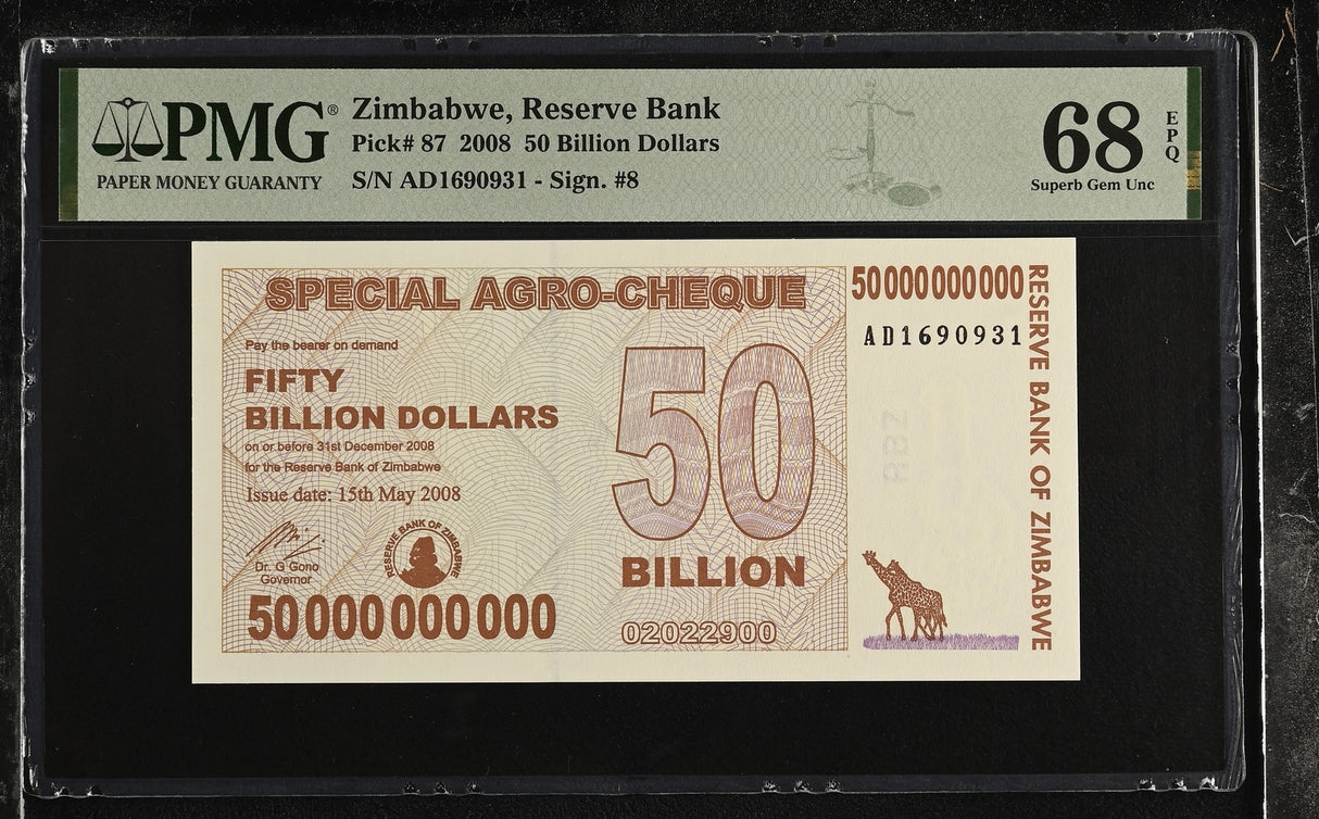 Zimbabwe 50 Billion Dollars 2008 P 87 Superb Gem UNC PMG 68 EPQ TOP POP