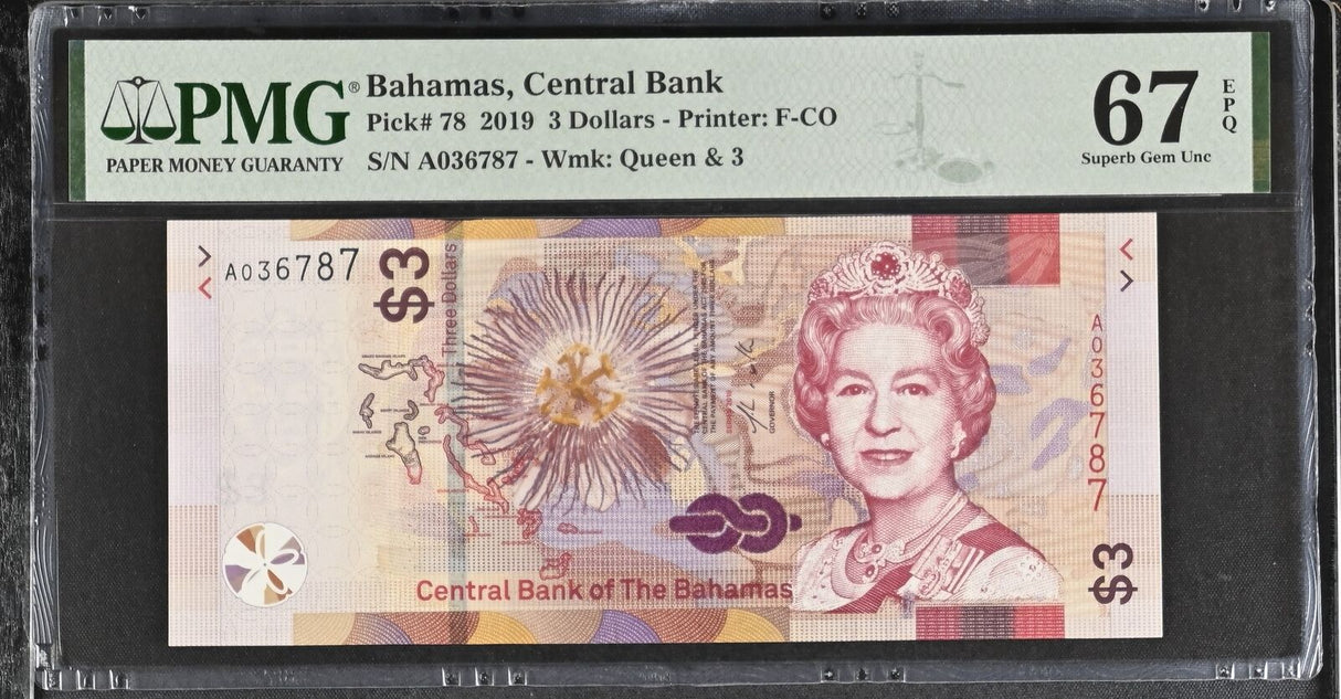Bahamas 3 Dollars 2019 P 78 Superb Gem UNC PMG 67 EPQ