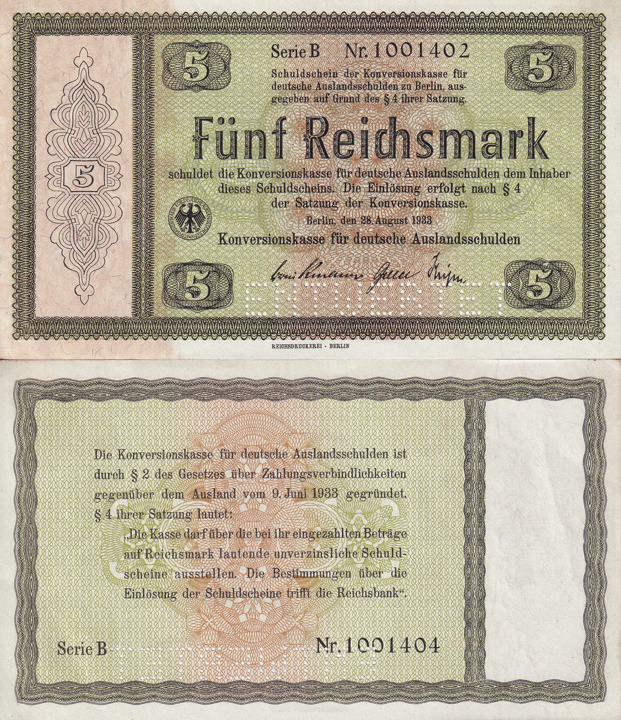 Germany 5 Reichsmark 1933 P 199 Spcecimen (cancelled) AUnc