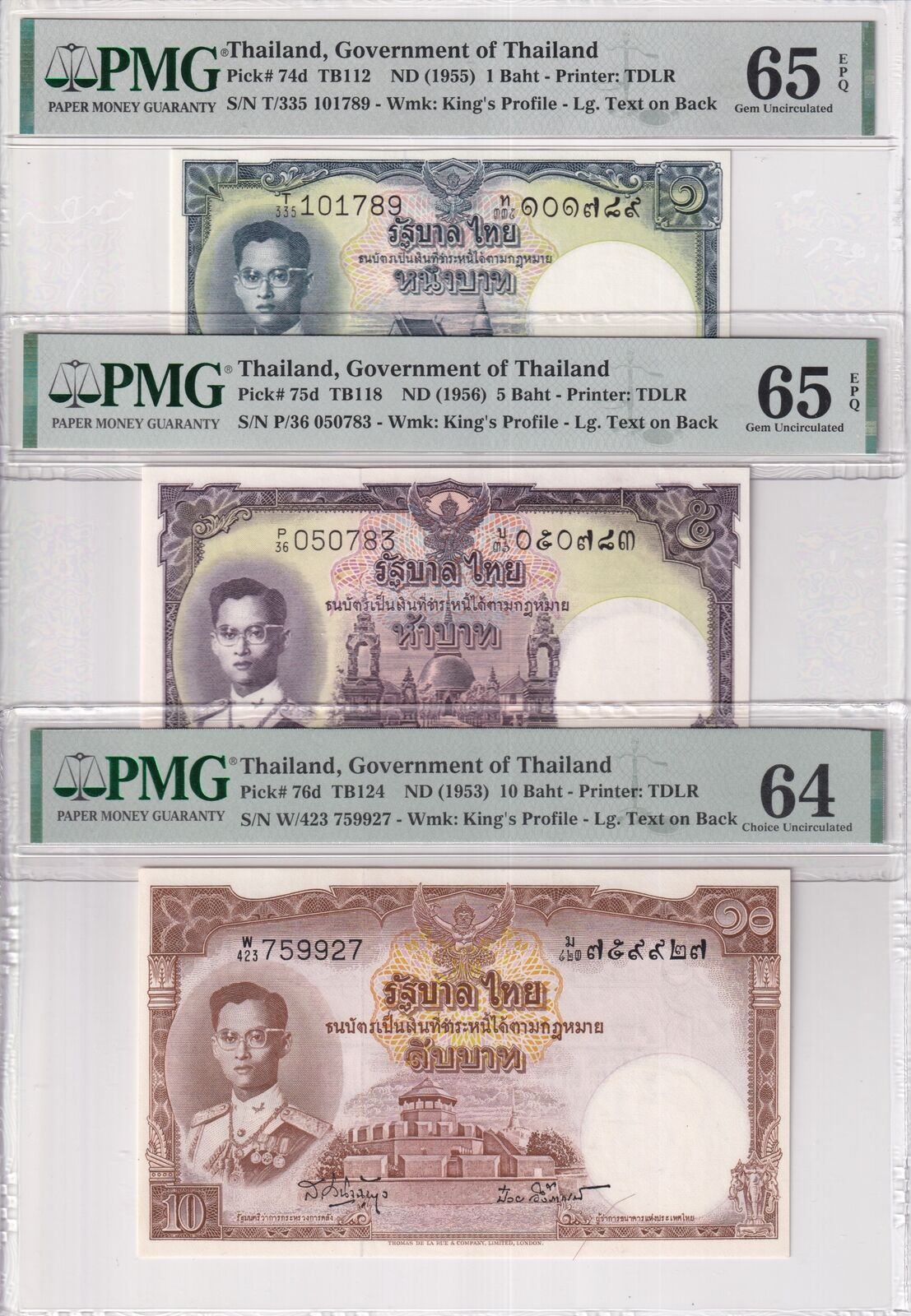 Thailand Set 3; 1 5 10 Baht ND 1953 P 74 P 75 P 76 d Gem UNC PMG 64 65 EPQ