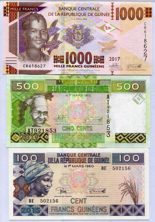 GUINEA SET 3 PCS 100 500 1000 FRANCS Random Years P A47 47 48 UNC
