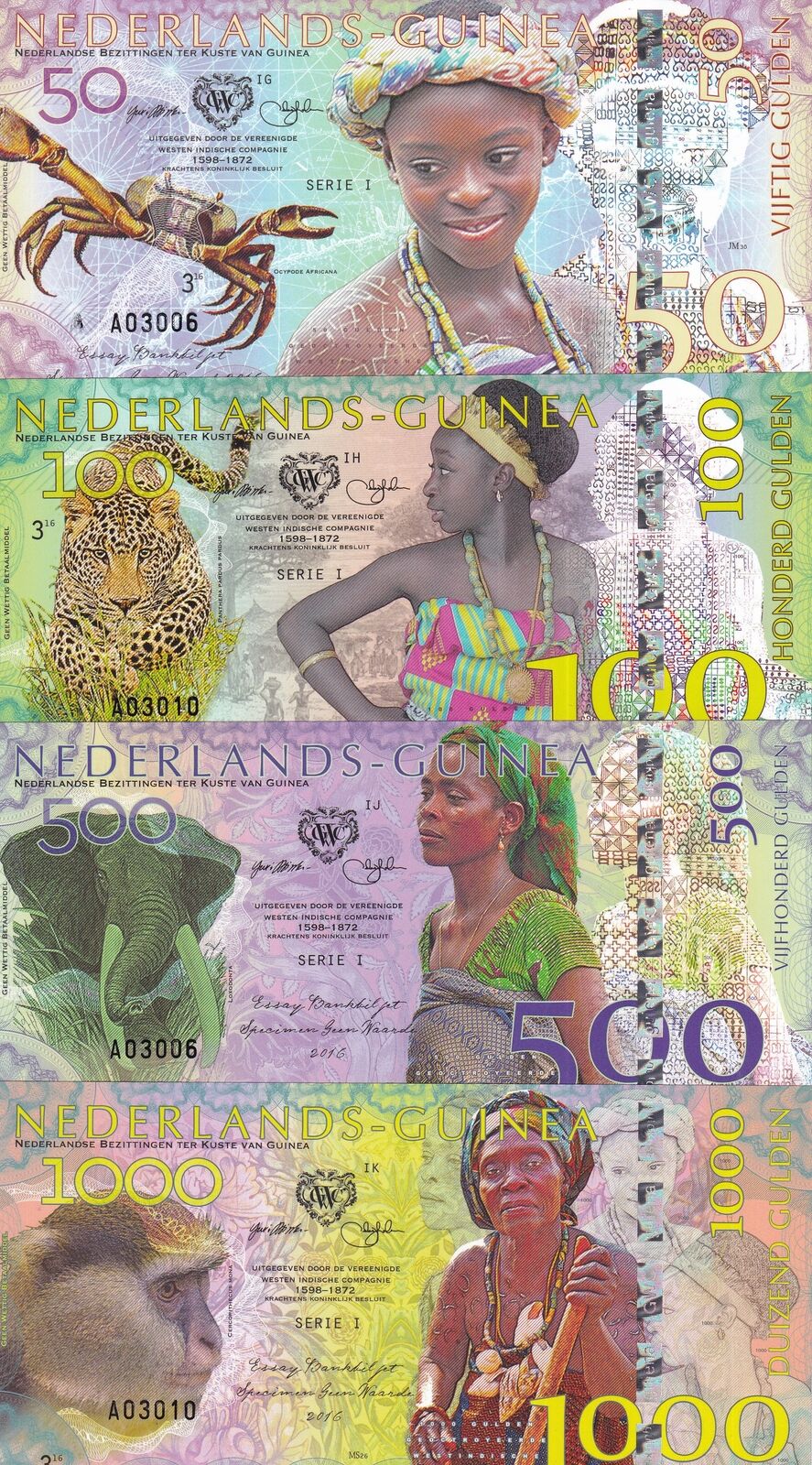 Netherlands GUINEA Set 4 PCS 50 100 500 1000 Gulden 2016 Fantasy