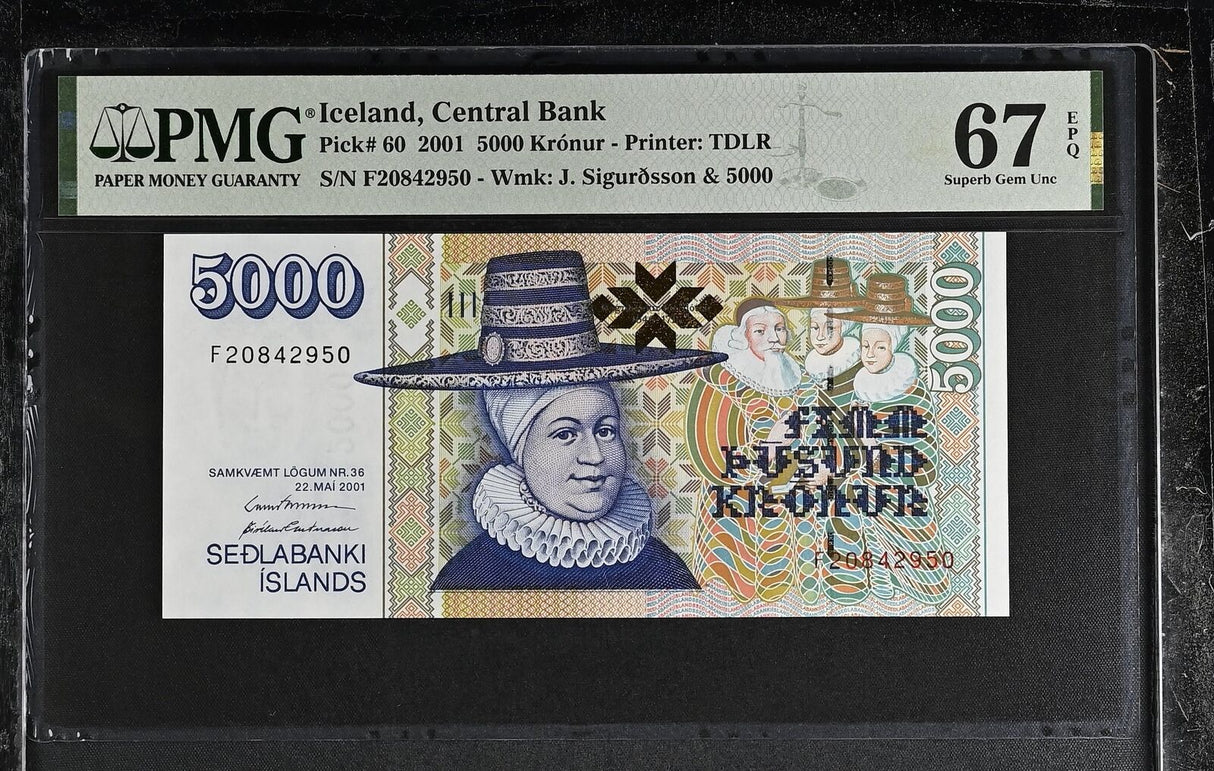 Iceland 5000 Kronur 2001 P 60 Superb Gem UNC PMG 67 EPQ