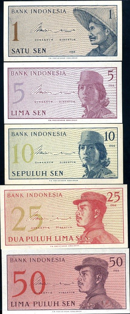 Indonesia Set 5 Pcs 1 5 10 25 50 Sen 1964 P 90 91 92 93 94