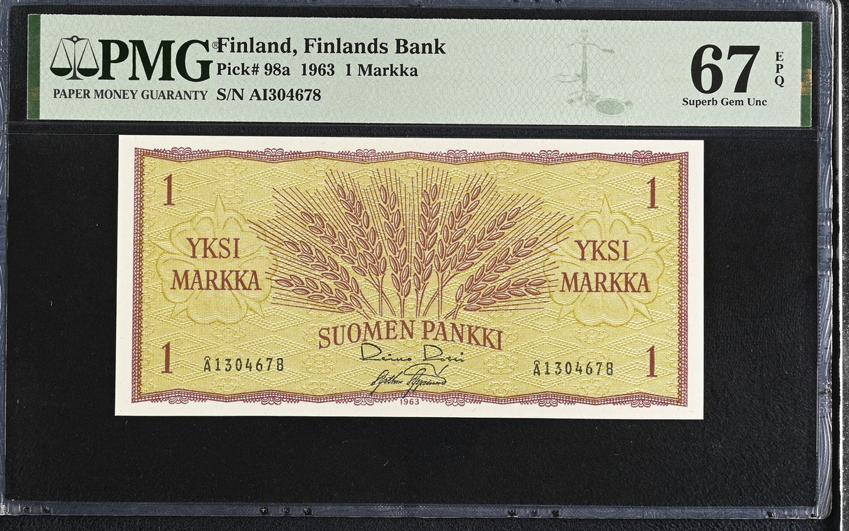 Finland 1 Markka 1963 P 98 a Superb Gem UNC PMG 67 EPQ