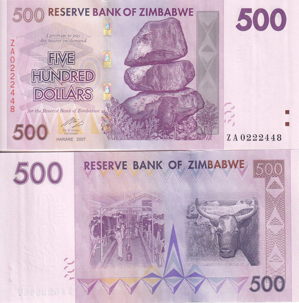 Zimbabwe 500 dollars 2007 P 70 ZA Prefix Replacement UNC