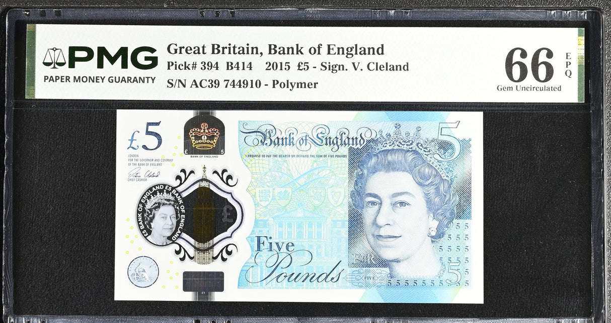 Great Britain 5 Pounds 2015 QEII Polymer P 394 Gem UNC PMG 66 EPQ