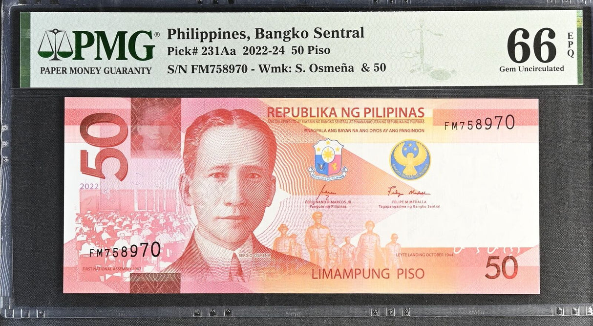 Philippines 50 Pesos 2022 P 231Aa Gem UNC PMG 66 EPQ