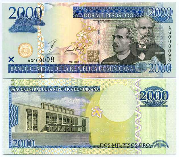 DOMINICAN REPUBLIC 2000 PESOS 2002 LOW 2 Digit P 174 UNC