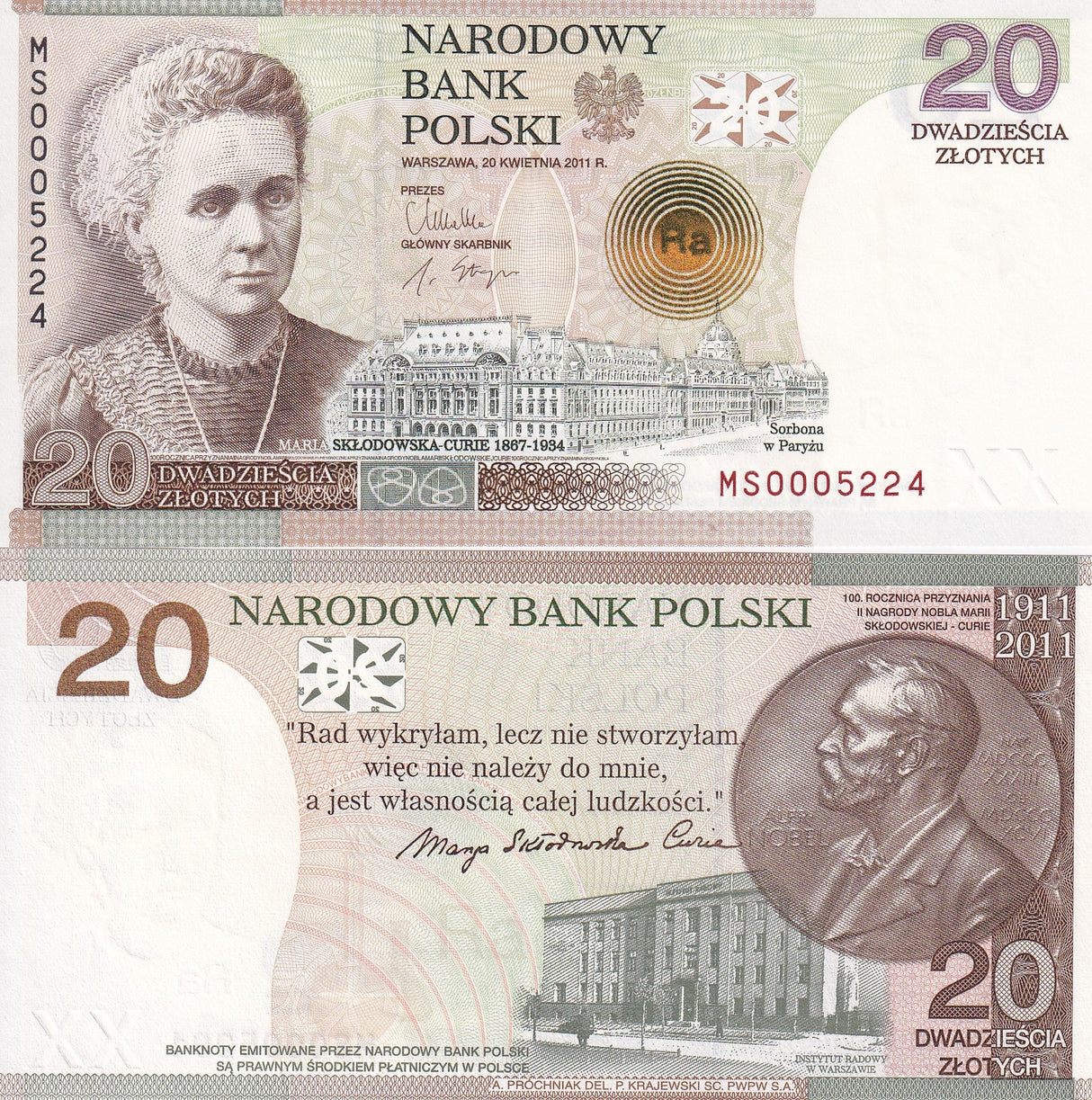Poland 20 Zlotych 2011 Commemorative Marie Curie P A184 UNC NO Folder