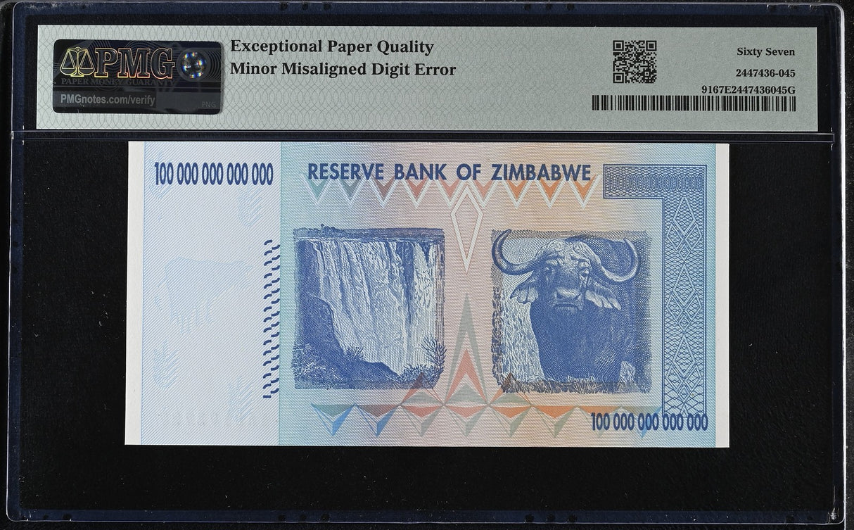 Zimbabwe 100 Trillion Dollars 2008 P 91 Superb Gem UNC PMG 67 EPQ Misaligned Digit ERROR