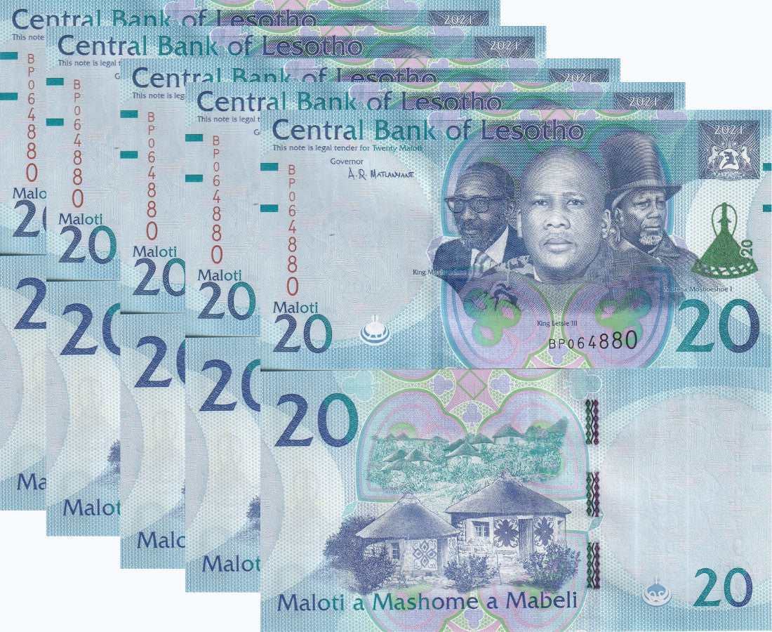 Lesotho 20 Maloti 2021 P 27 New Symbol & Signature UNC LOT 5 PCS