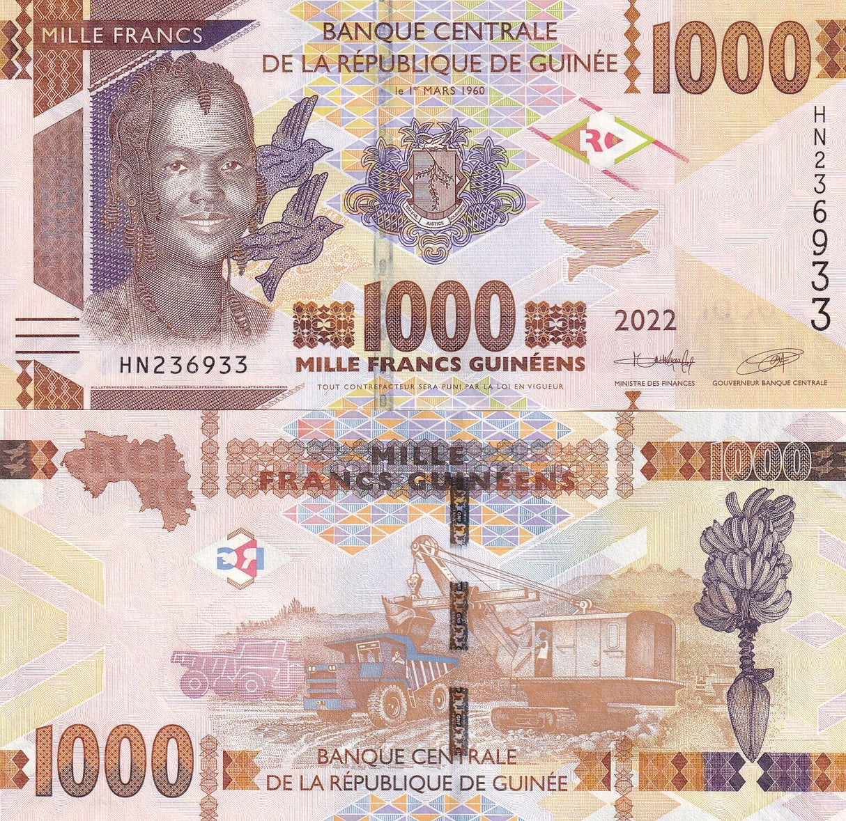 Guinea 1000 Francs 2022 P 48A UNC LOT 5 PCS