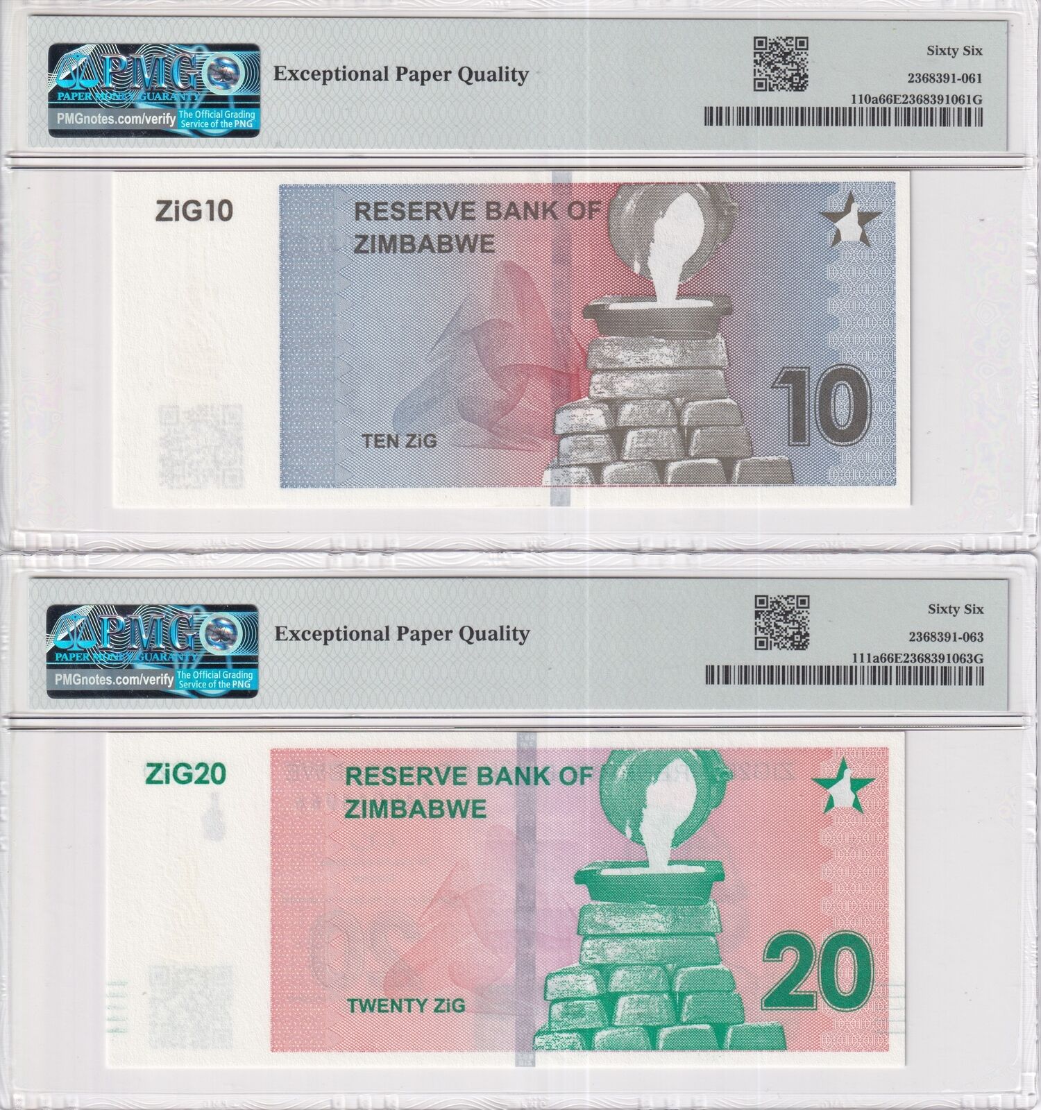 Zimbabwe SET 2;10 20 ZiG 2024 P 110 111 Gold Gem UNC PMG 66 EPQ