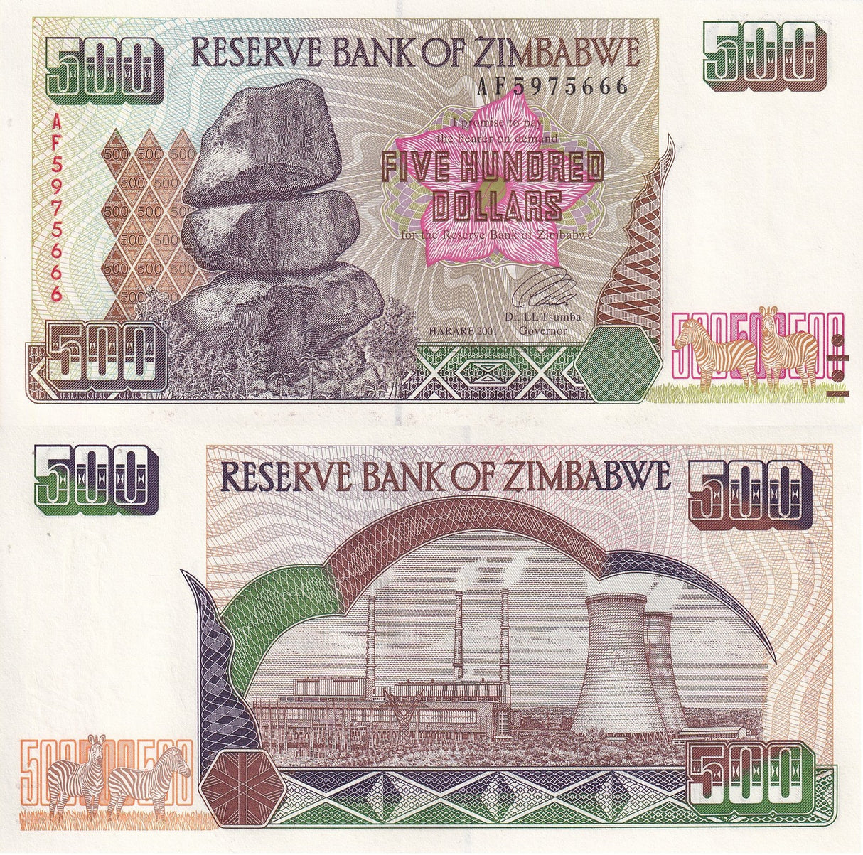 Zimbabwe 500 Dollars 2001 P 11 a UNC