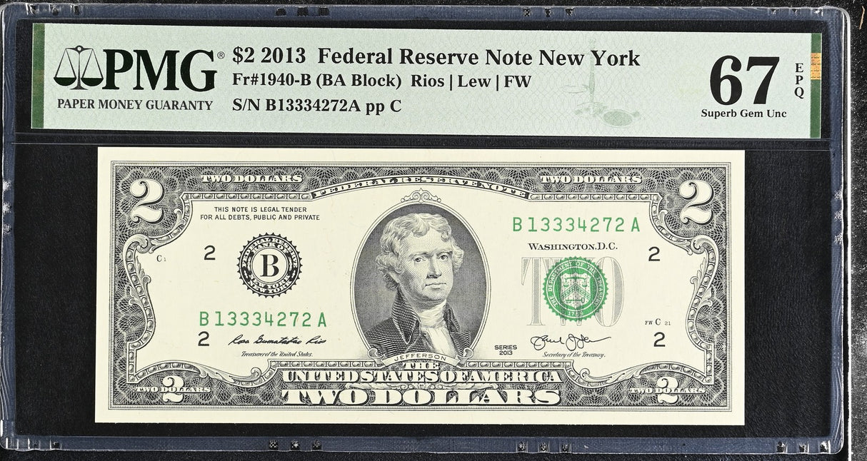 United States 2 Dollars USA 2013 P 538 B New York Superb Gem UNC PMG 67 EPQ