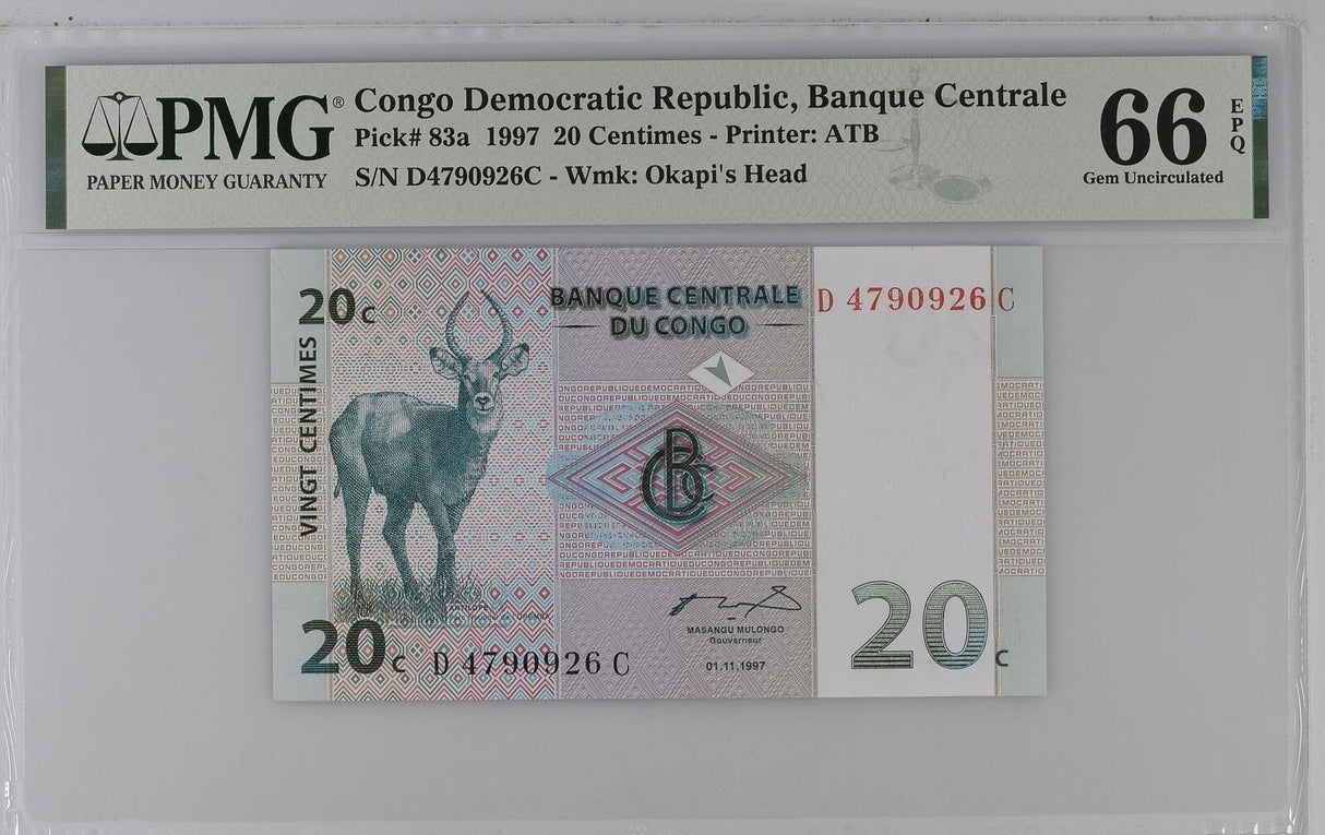 Congo 20 Centimes 1997 P 83 a Gem UNC PMG 66 EPQ