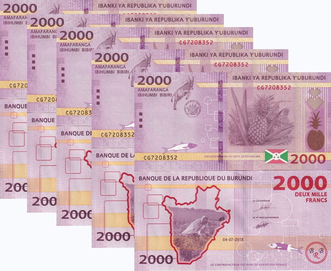 Burundi 2000 Francs 2018 P 52 b UNC Lot 5 Pcs