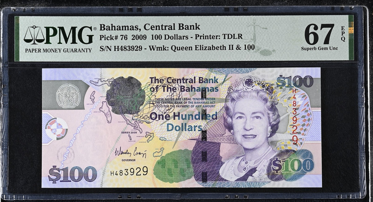 Bahamas 100 Dollars 2009 P 76 Superb Gem UNC PMG 67 EPQ