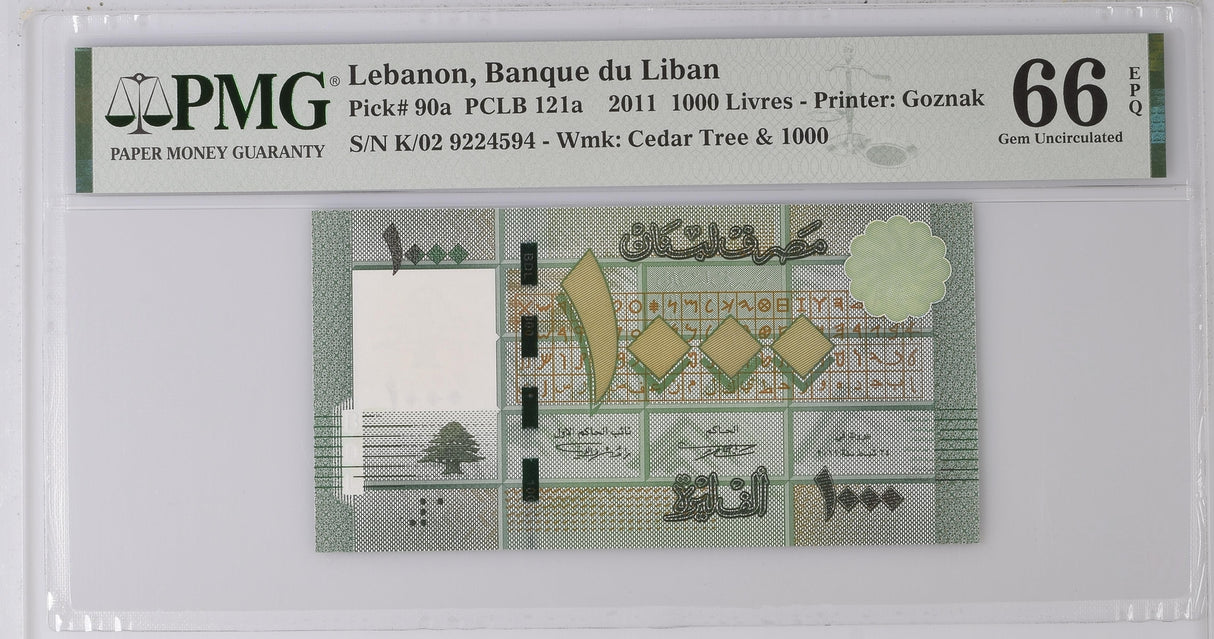 Lebanon 1000 Livres 2011 P 90 a Gem UNC PMG 66 EPQ