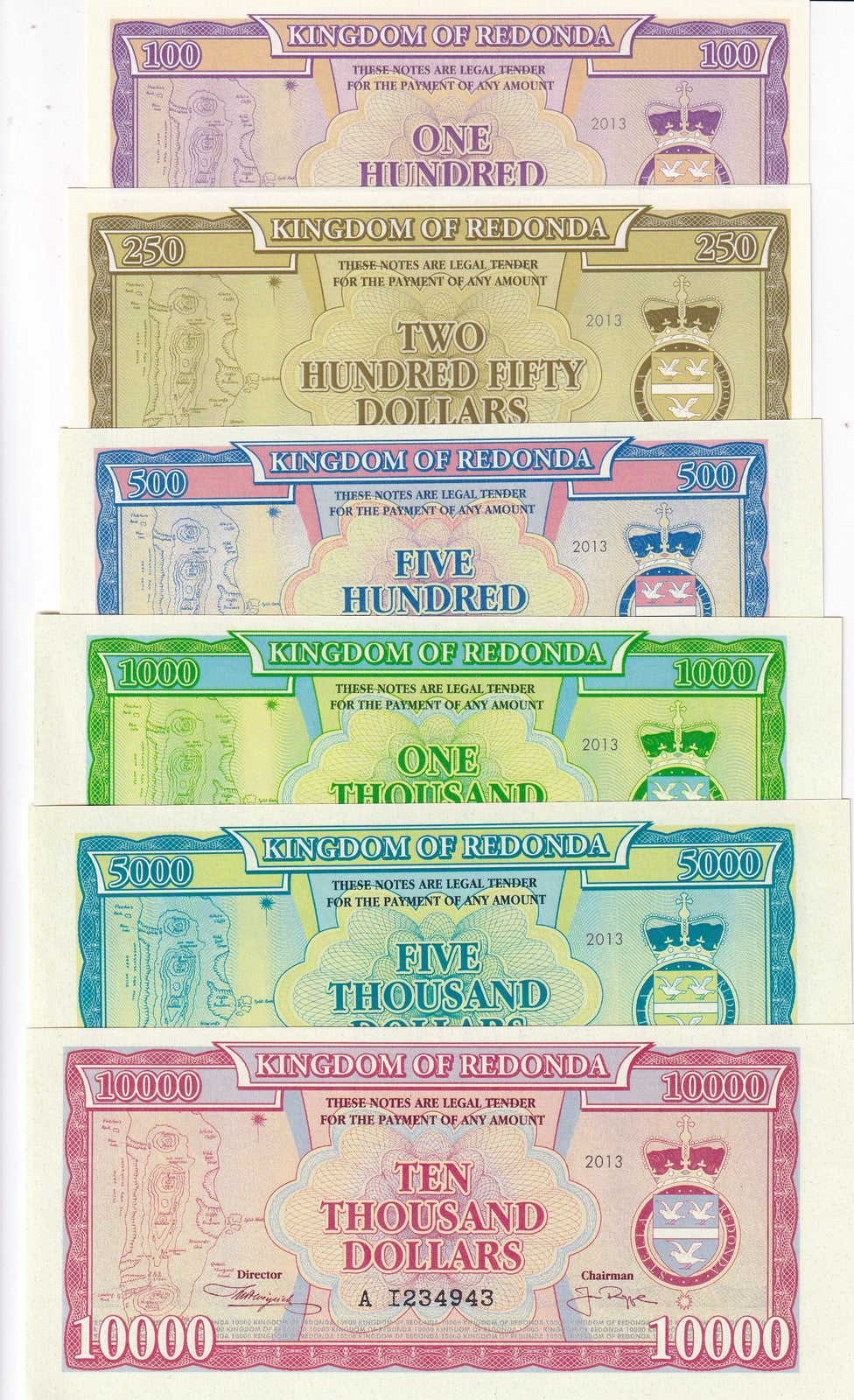 Redonda Set 6 PCS 100 250 500 1000 5000 10000 Dollars 2013 Fantasy SHIP Navy