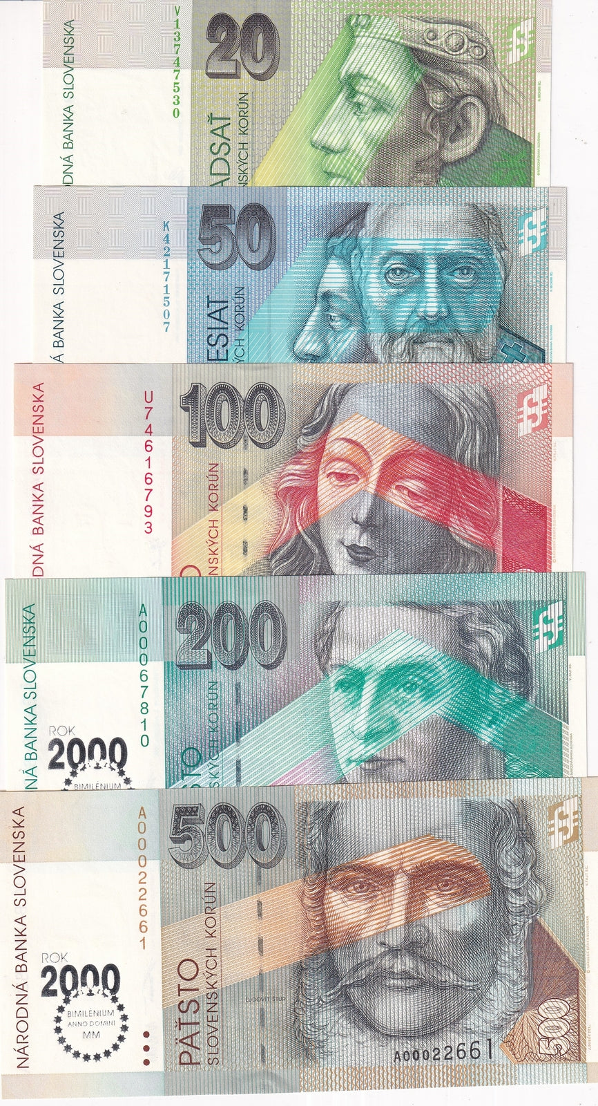 Slovakia Set 5 UNC 20 50 100 200 500 Korun 2000-2006 P 20 21 37 38 Commemorative