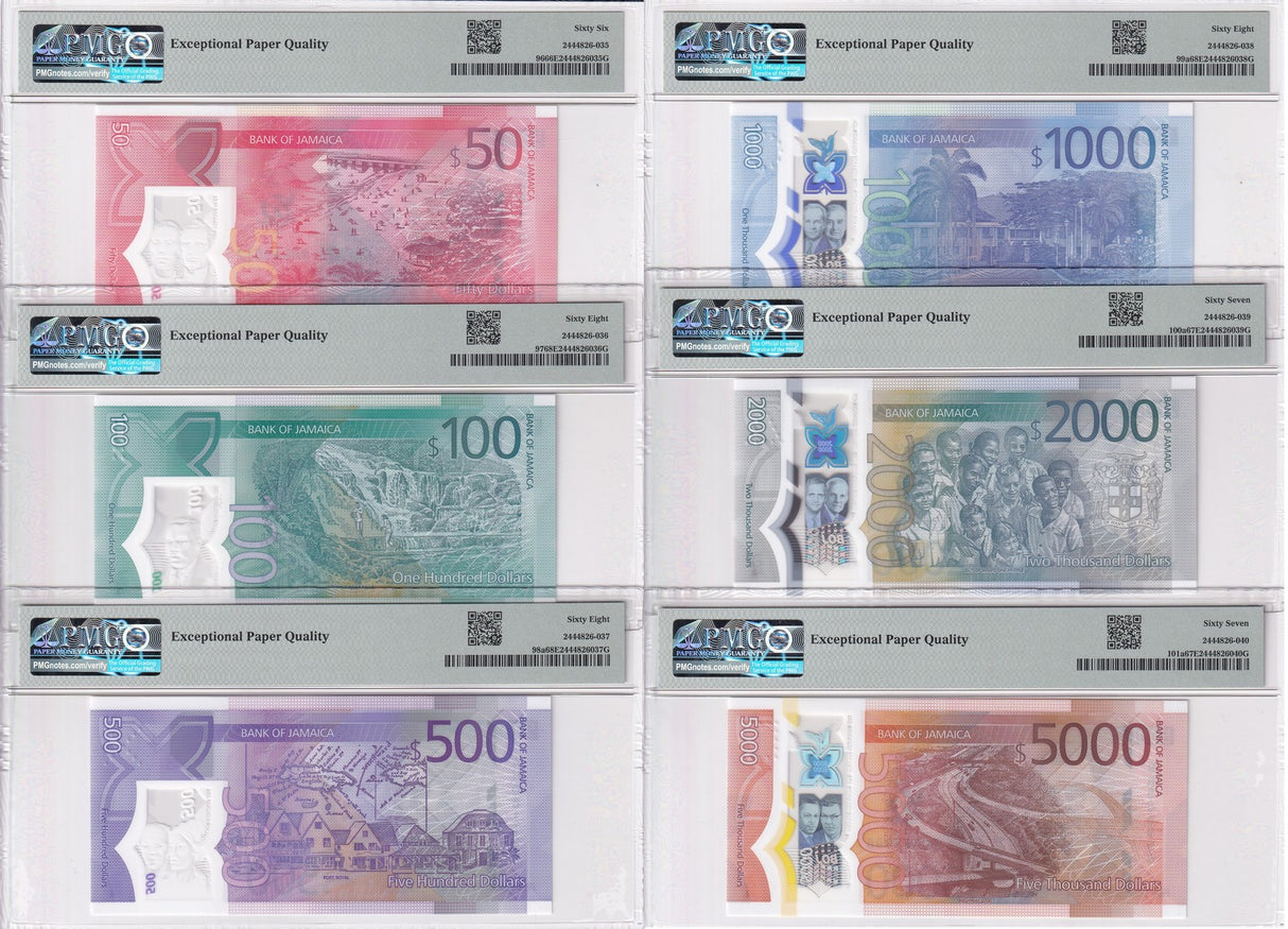 Jamaica Set 5; 50 100-5000 Dollars 2022 P96- 101 Superb Gem UNC PMG 66 67 68 EPQ