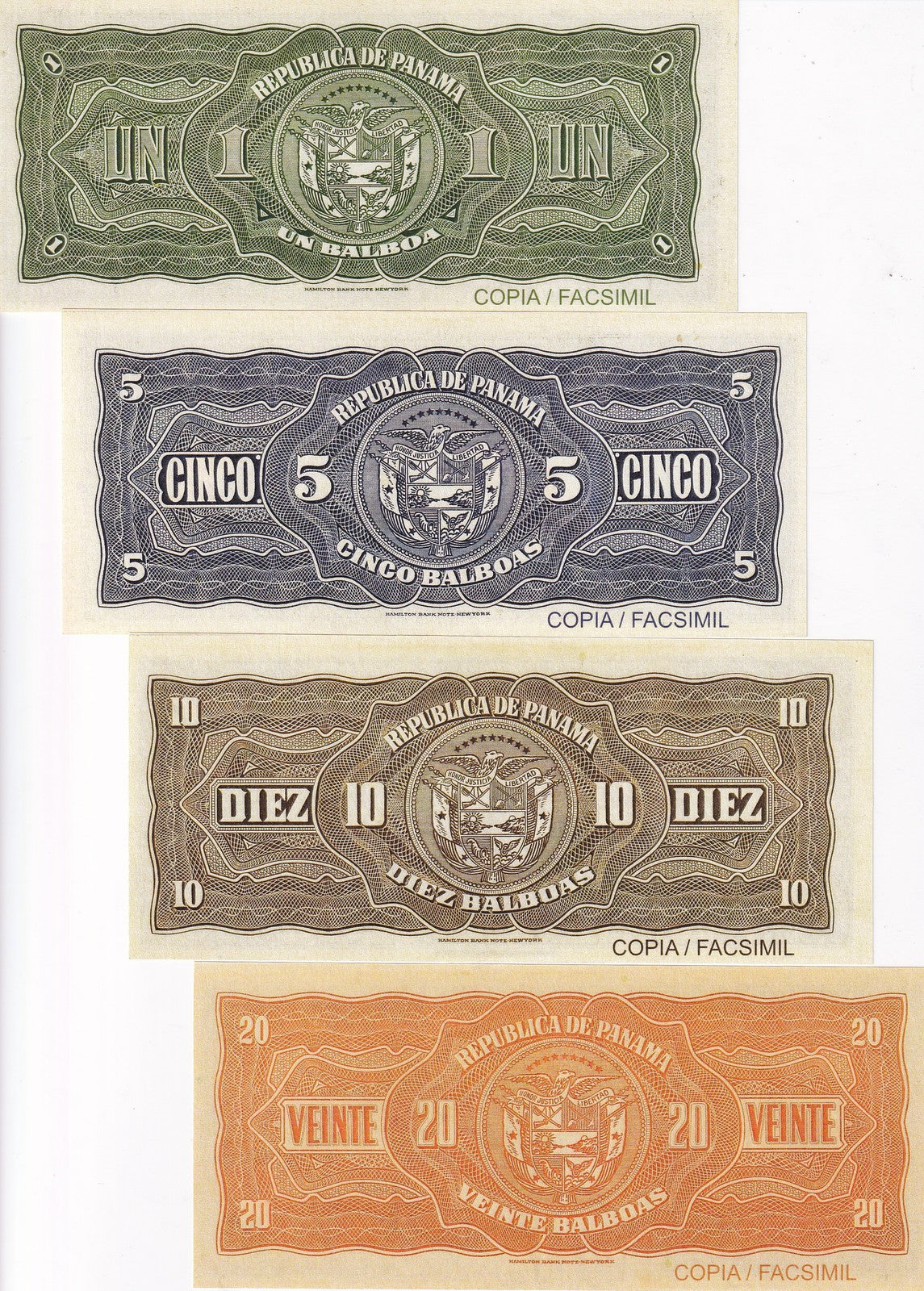 Panama Set 4 Pcs 1 5 10 20 Balboas 1941-2025 Copia Fascimil Fantasy