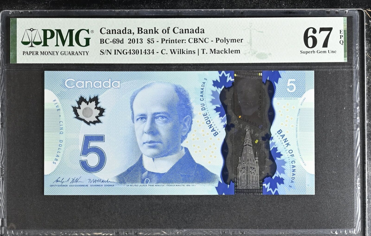 Canada 5 Dollars 2013 P 106 d Polymer Wilkins Macklem Superb Gem UNC PMG 67 EPQ