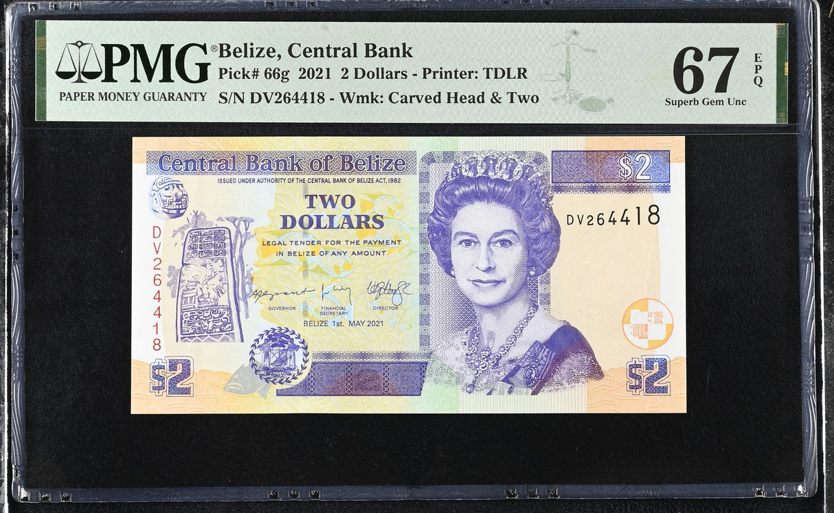 Belize 2 Dollars 2021 P 66 g Superb Gem UNC PMG 67 EPQ