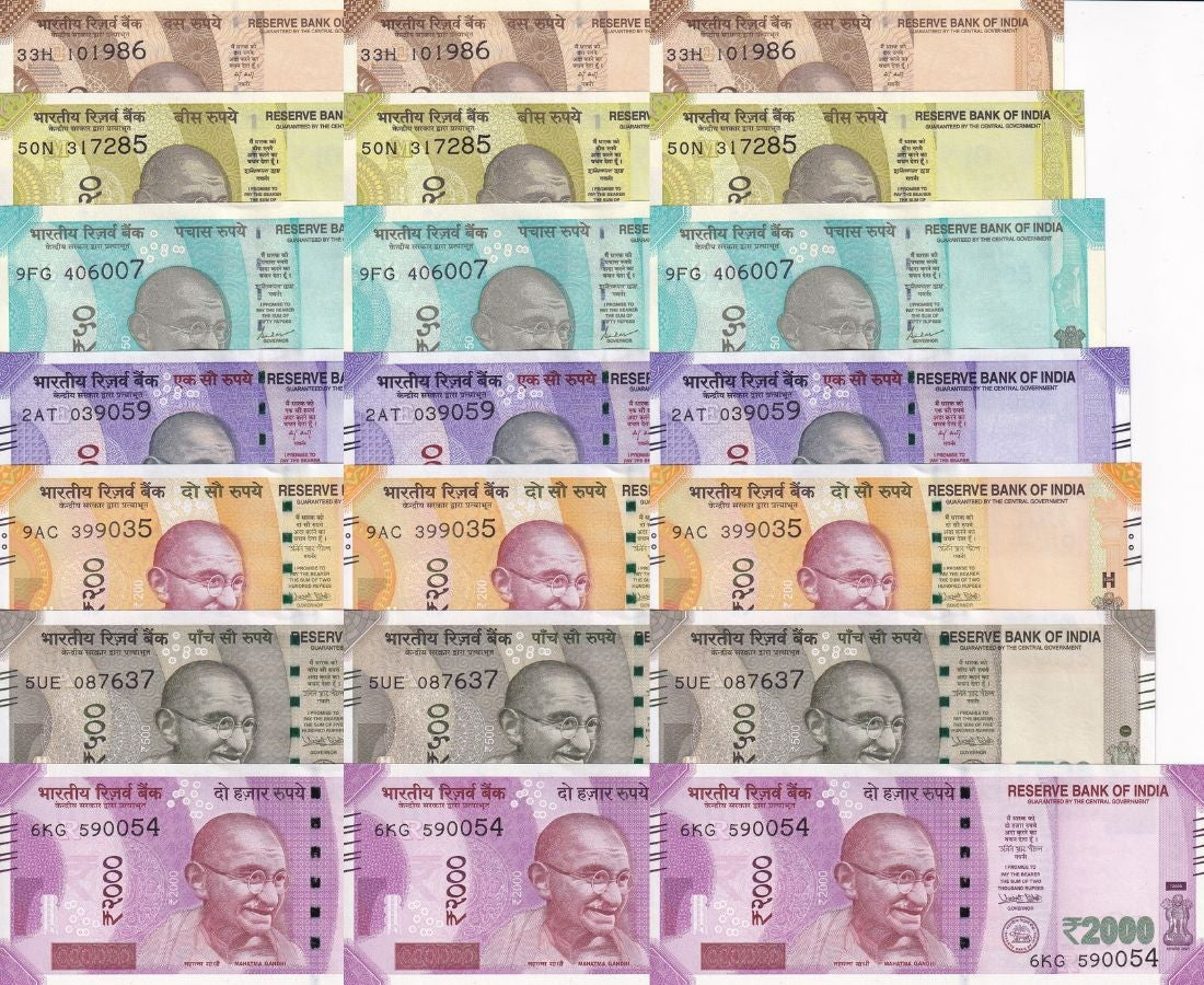 India Set 7 X LOT 3= 21 UNC 10 20 50 100 200-2000 Rupees Random Year P 109-116