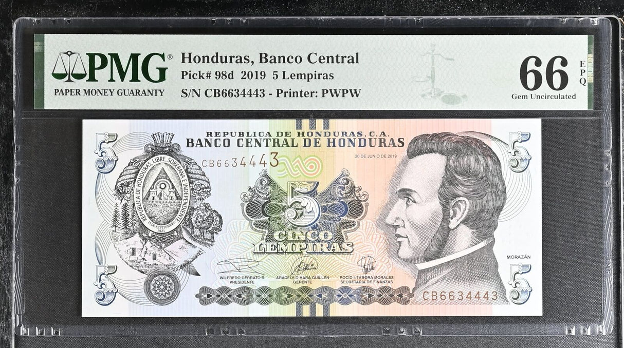 Honduras 5 Lempiras 2019 P 98 d Gem UNC PMG 66 EPQ