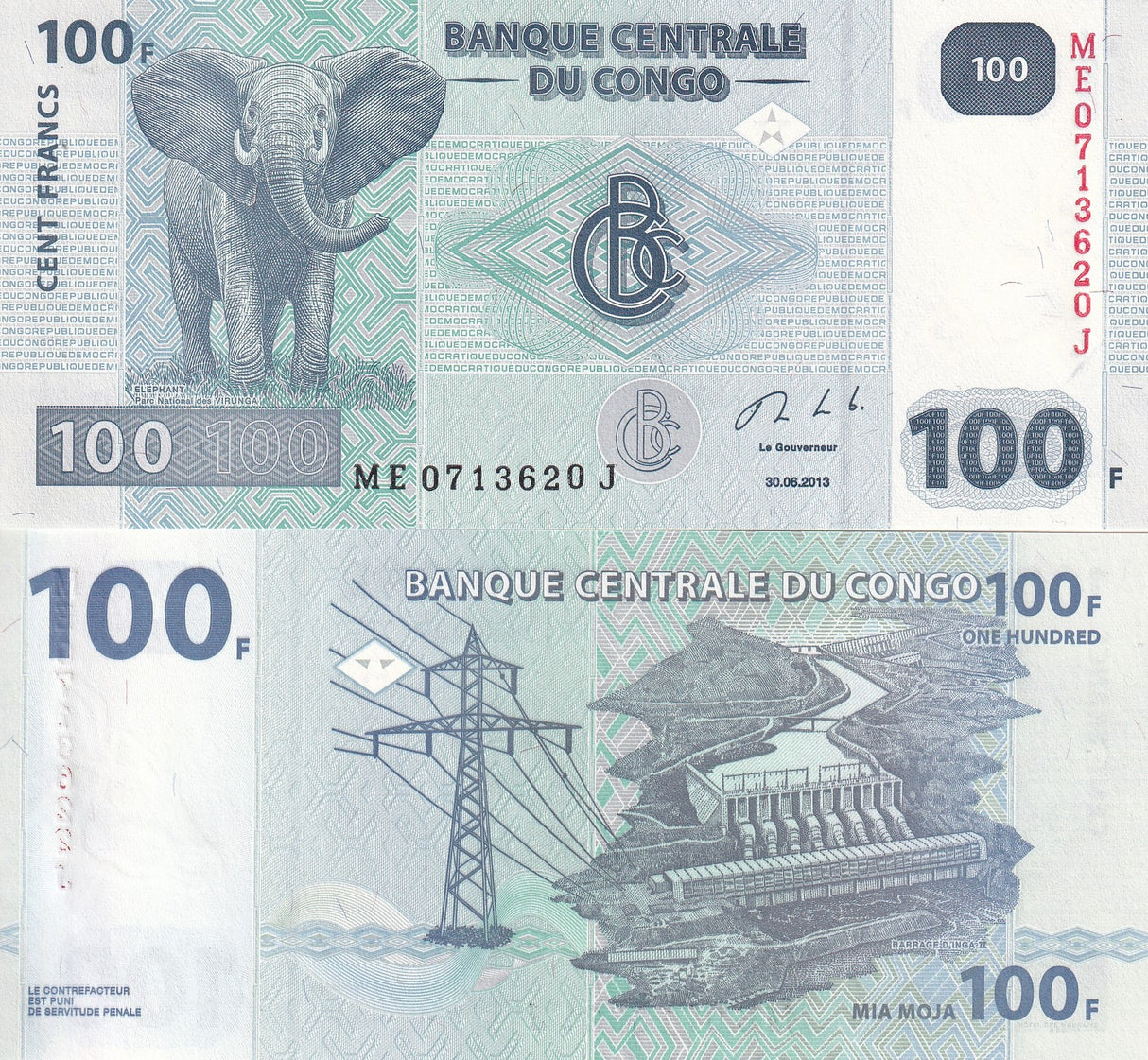 Congo DEMOCRATIC REPUBLIC 100 Francs 2013 P 98 UNC HdM Elephant, Virunga Park