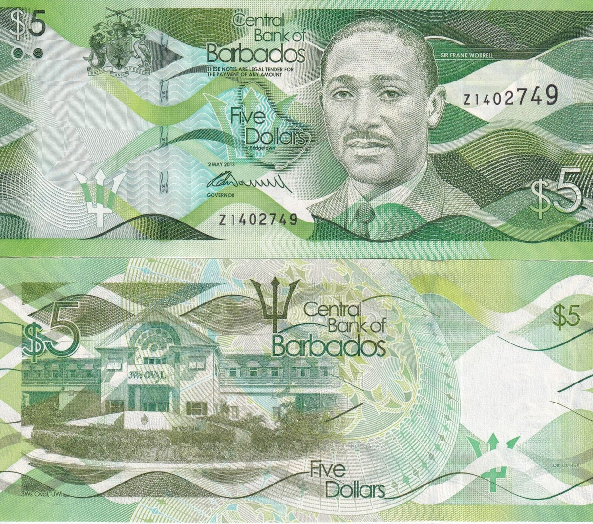 Barbados 5 Dollars 2013 Prefix Z Replacement P 74 a UNC