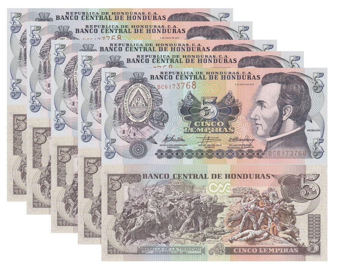 Honduras 5 Lempiras 2010 P 91 c UNC LOT 5 PCS