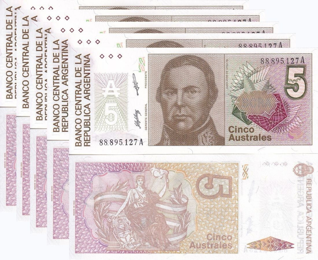 Argentina 5 Australes 1989 P 324 b UNC LOT 5 PCS