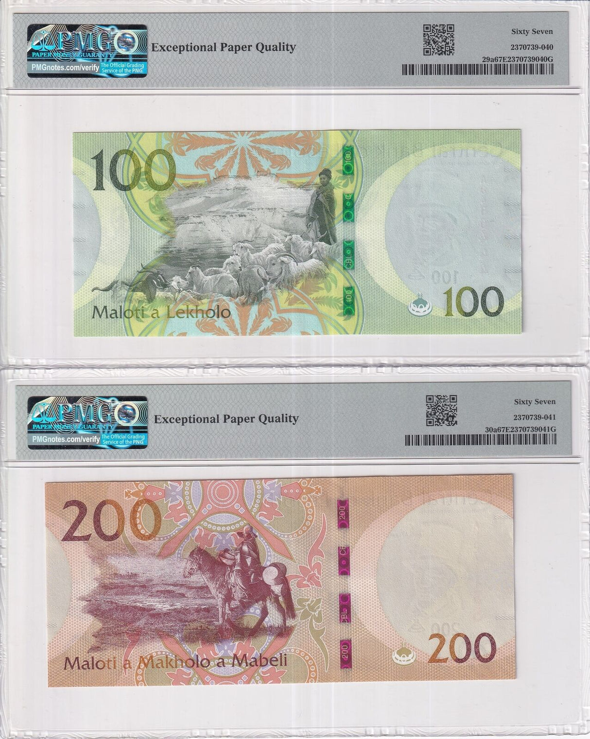 Lesotho Set 2; 100 200 Maloti 2021 P 29 P 30 Superb Gem UNC PMG 67 EPQ