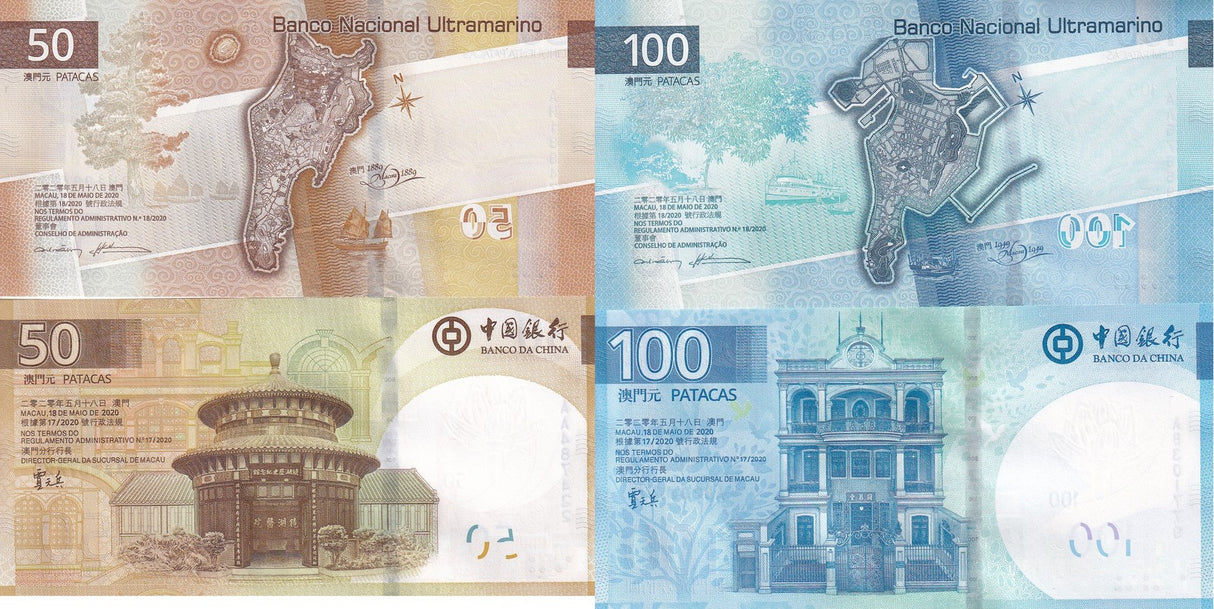 Macau SET 4 UNC 50 100 Patacas 2025 P 92 93 131 132 BOC & BNU Macao Lion