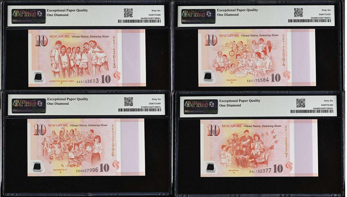 Singapore Set 4; 10 Dollars 2015 P 56 57 58 P 59 ONE DIAMOND Gem UNC PMG 66 EPQ