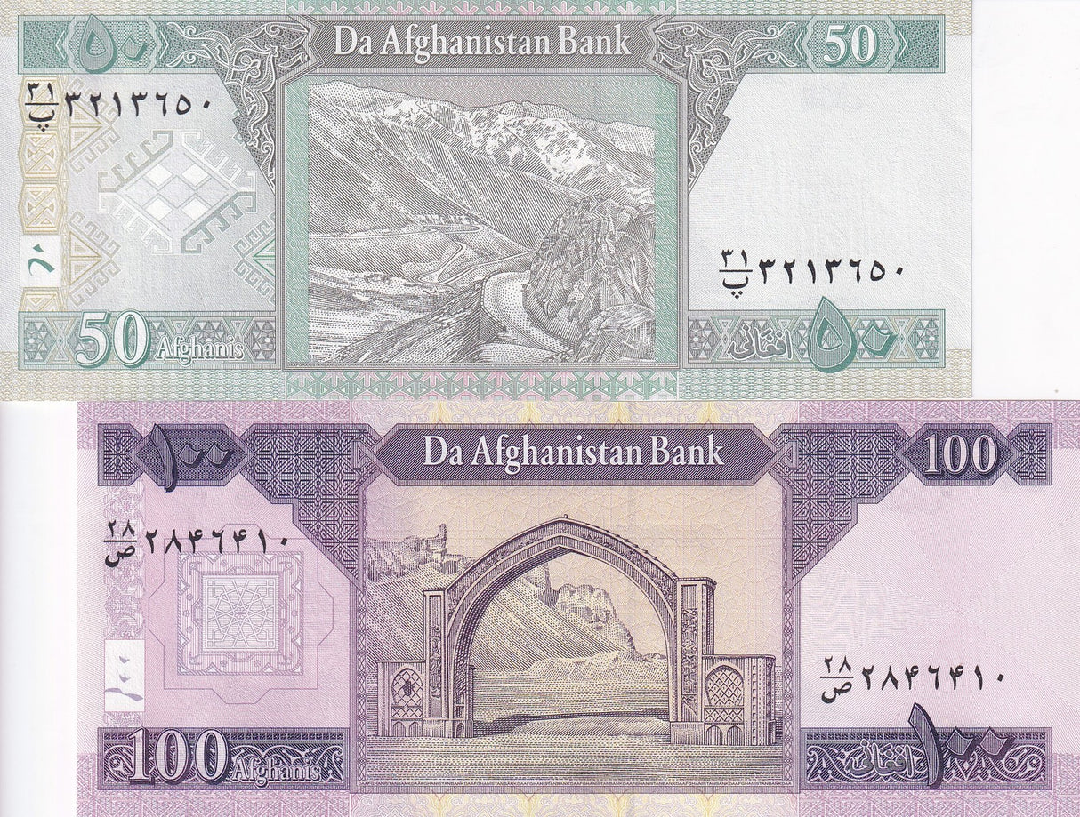 Afghanistan SET 2 UNC 50 100 Afghanis SH 1401 2022 (2025) P 69 75 new Sign