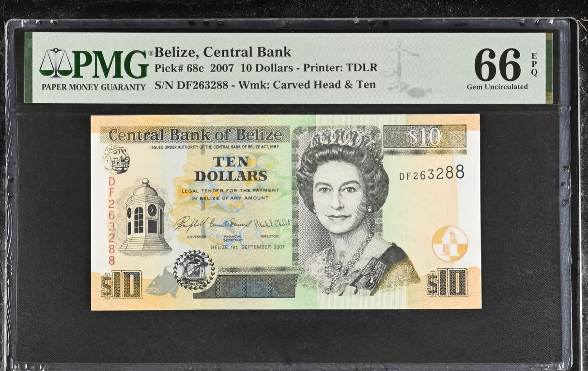 Belize 10 Dollars 2007 P 68 c QEII Gem UNC PMG 66 EPQ