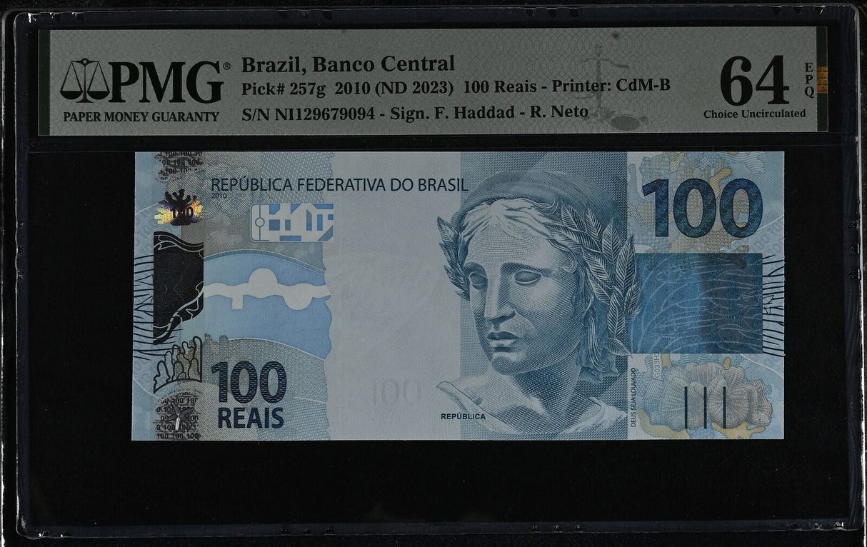 Brazil 100 Reais 2010 ND 2023 P 257 g Choice UNC PMG 64 EPQ