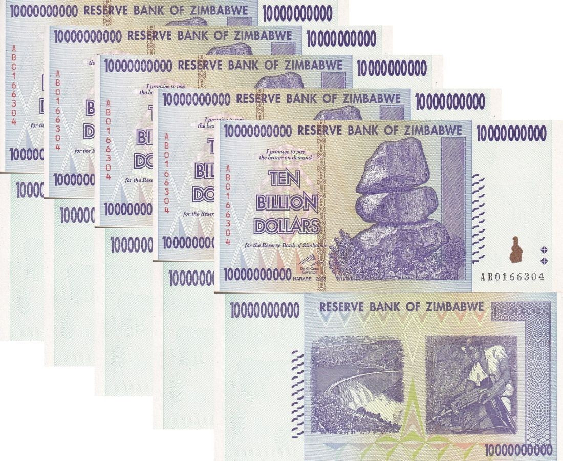 Zimbabwe 10 Billion Dollars 2008 P 85 UNC LOT 5 PCS ,Kariba dam, miner