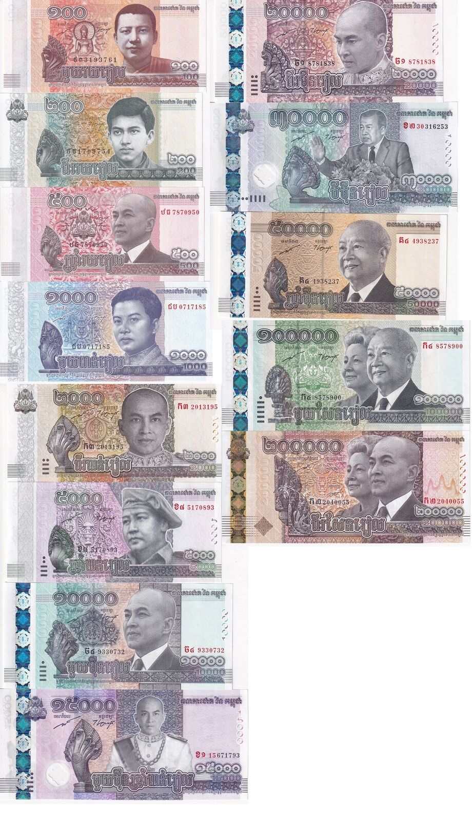 Cambodia Set 13 UNC 100-15000 30000 -100000 200000 Riels 2014-2024 P 62-73 74