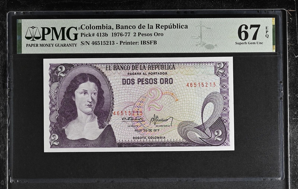 COLOMBIA 2 PESO 1977 P 413 b Superb Gem UNC PMG 67 EPQ