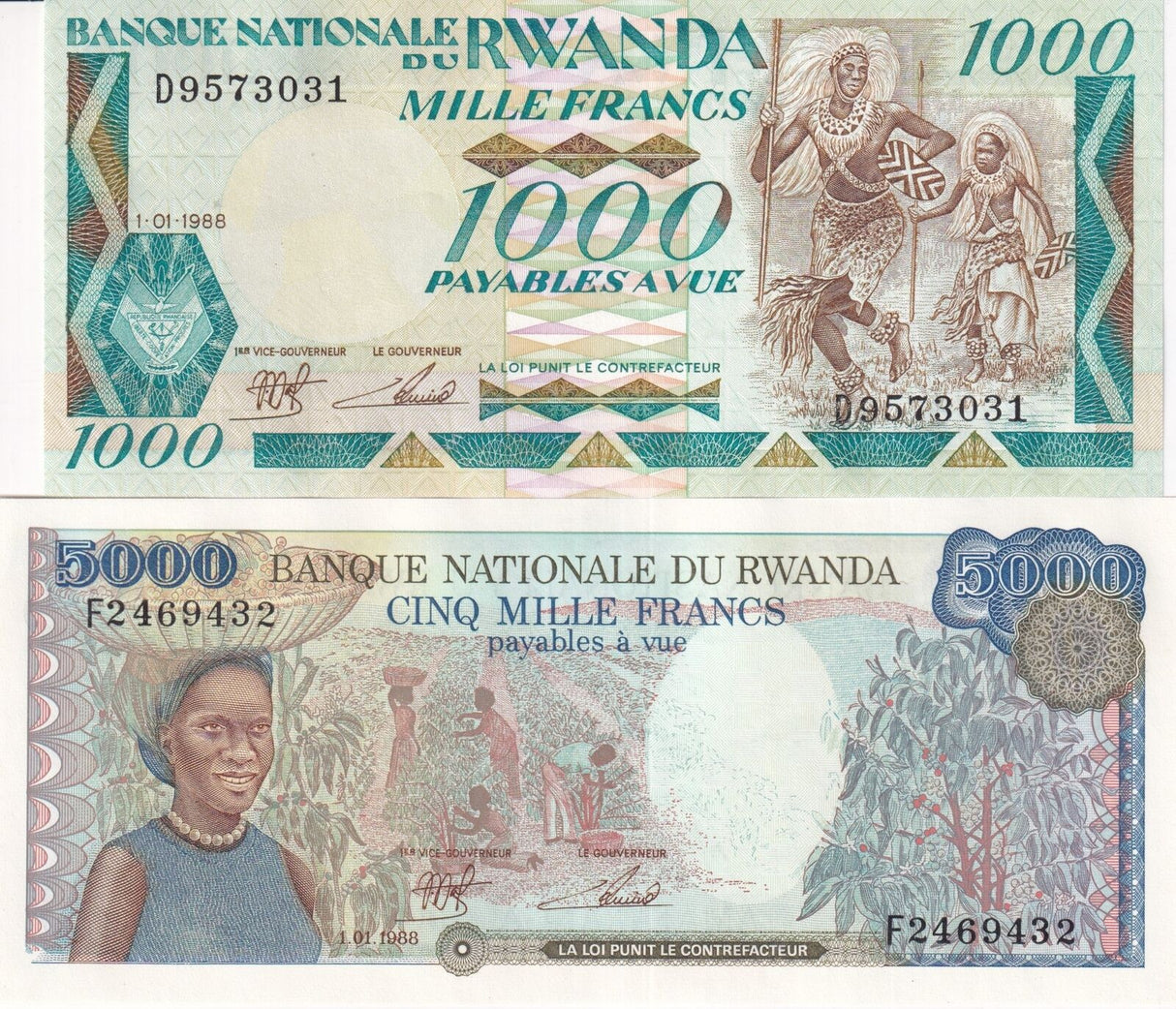 Rwanda Set 2 PCS 1000 5000 Francs 1988 P 21 P 22 UNC