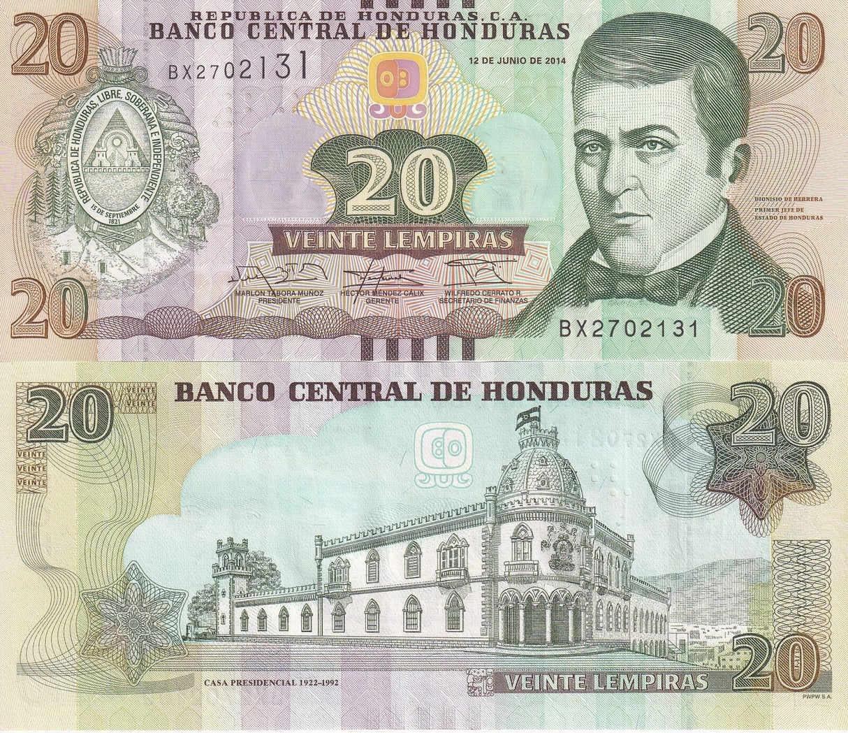 Honduras 20 Lempiras 2014 P 100 b UNC