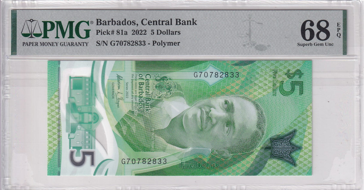 Barbados 5 Dollars 2022 POLYMER P 81 a Superb Gem UNC PMG 68 EPQ